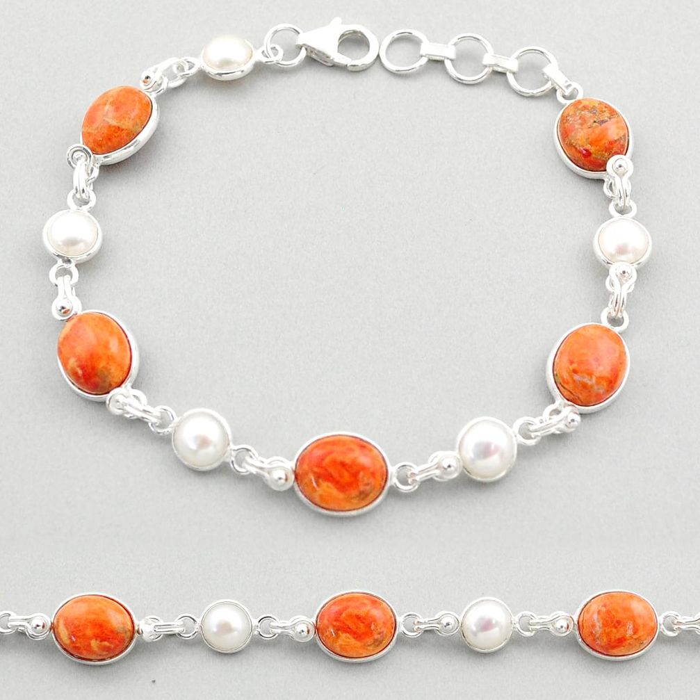 925 silver 22.96cts tennis natural orange mojave turquoise pearl bracelet t71089