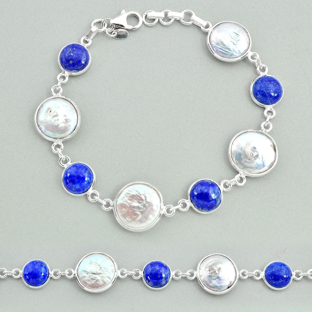 925 silver 30.49cts tennis natural white pearl blue lapis lazuli bracelet t37300