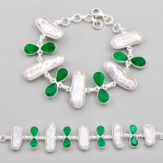 925 silver 49.95cts tennis natural white pearl green chalcedony bracelet n26937