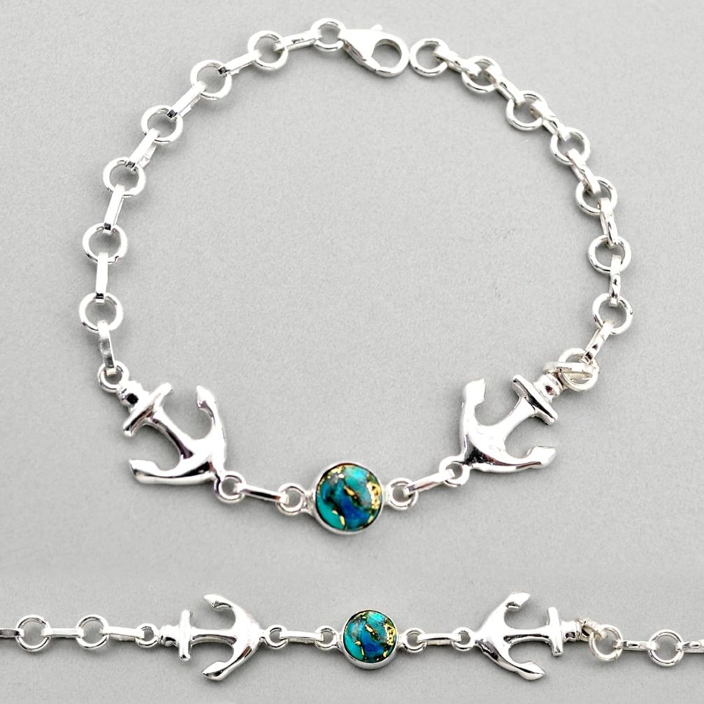 925 sterling silver 2.97cts anchor charm blue copper turquoise bracelet t89238