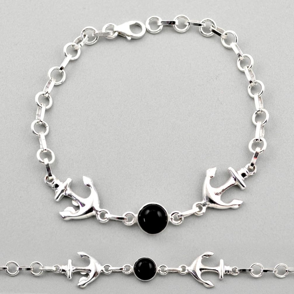 925 sterling silver 3.04cts anchor charm natural black onyx bracelet t89234