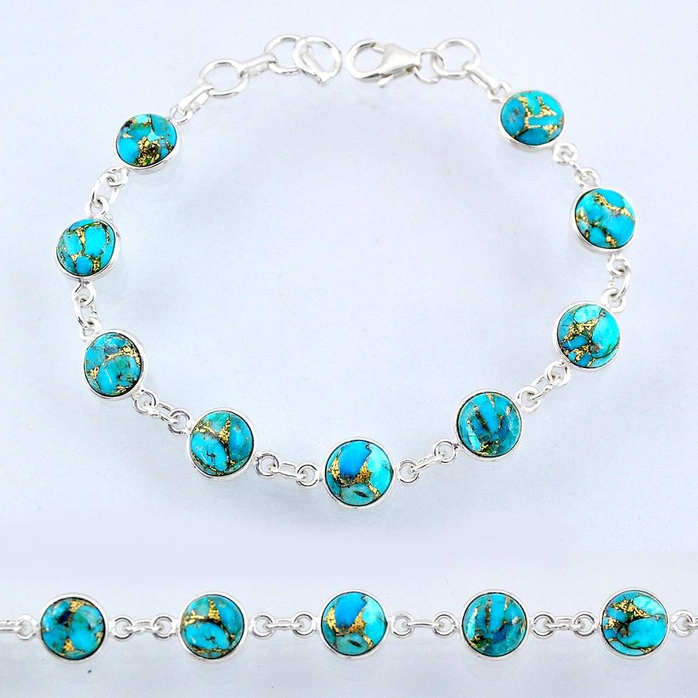 925 sterling silver 22.51cts blue copper turquoise round tennis bracelet r55113