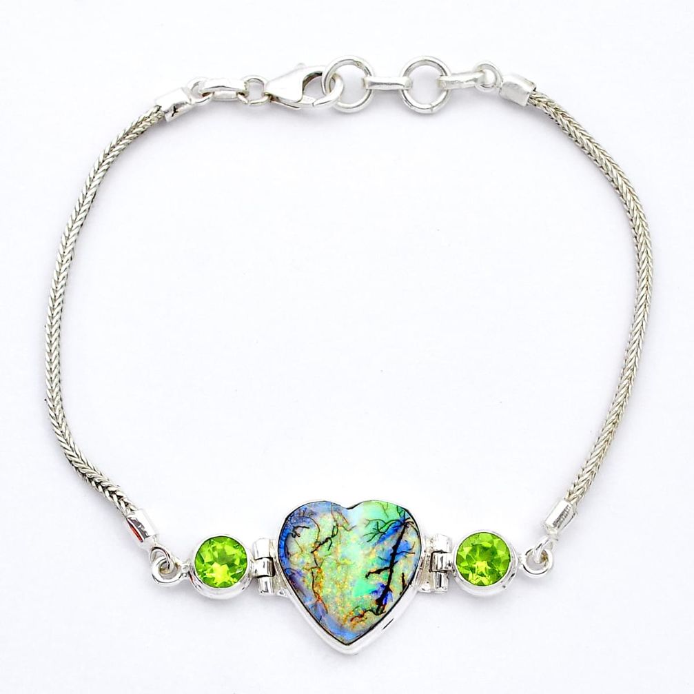 925 sterling silver 6.71cts heart sterling opal green peridot bracelet u53822