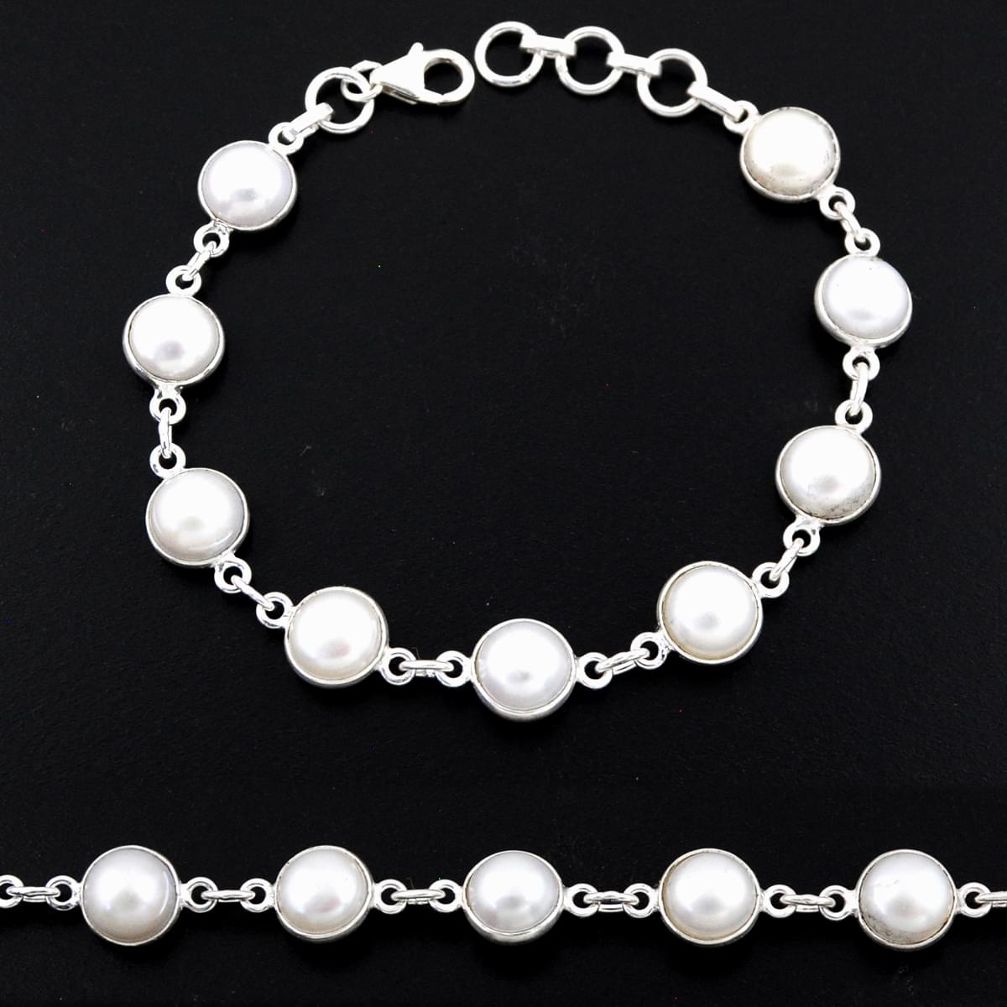 925 sterling silver 32.73cts natural white pearl round tennis bracelet r55084