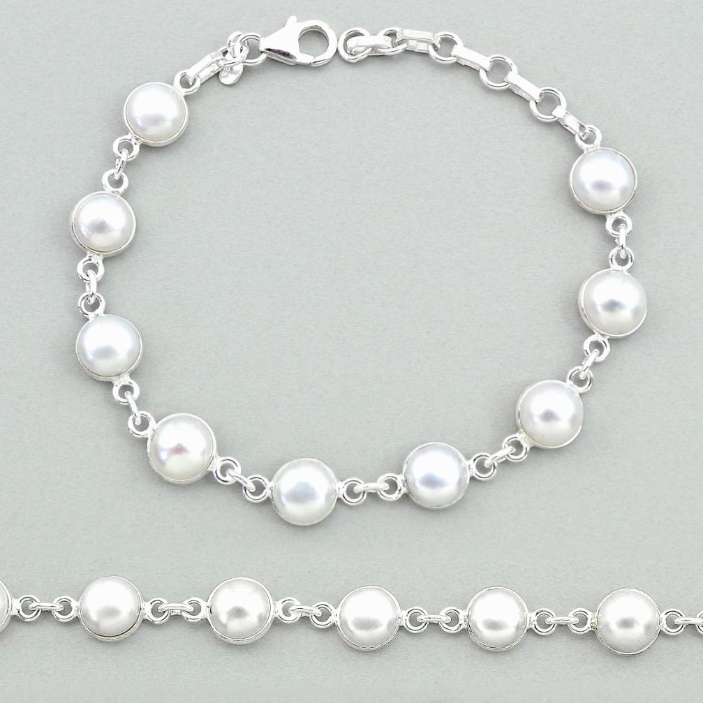 925 sterling silver 21.02cts natural white pearl round tennis bracelet t19673