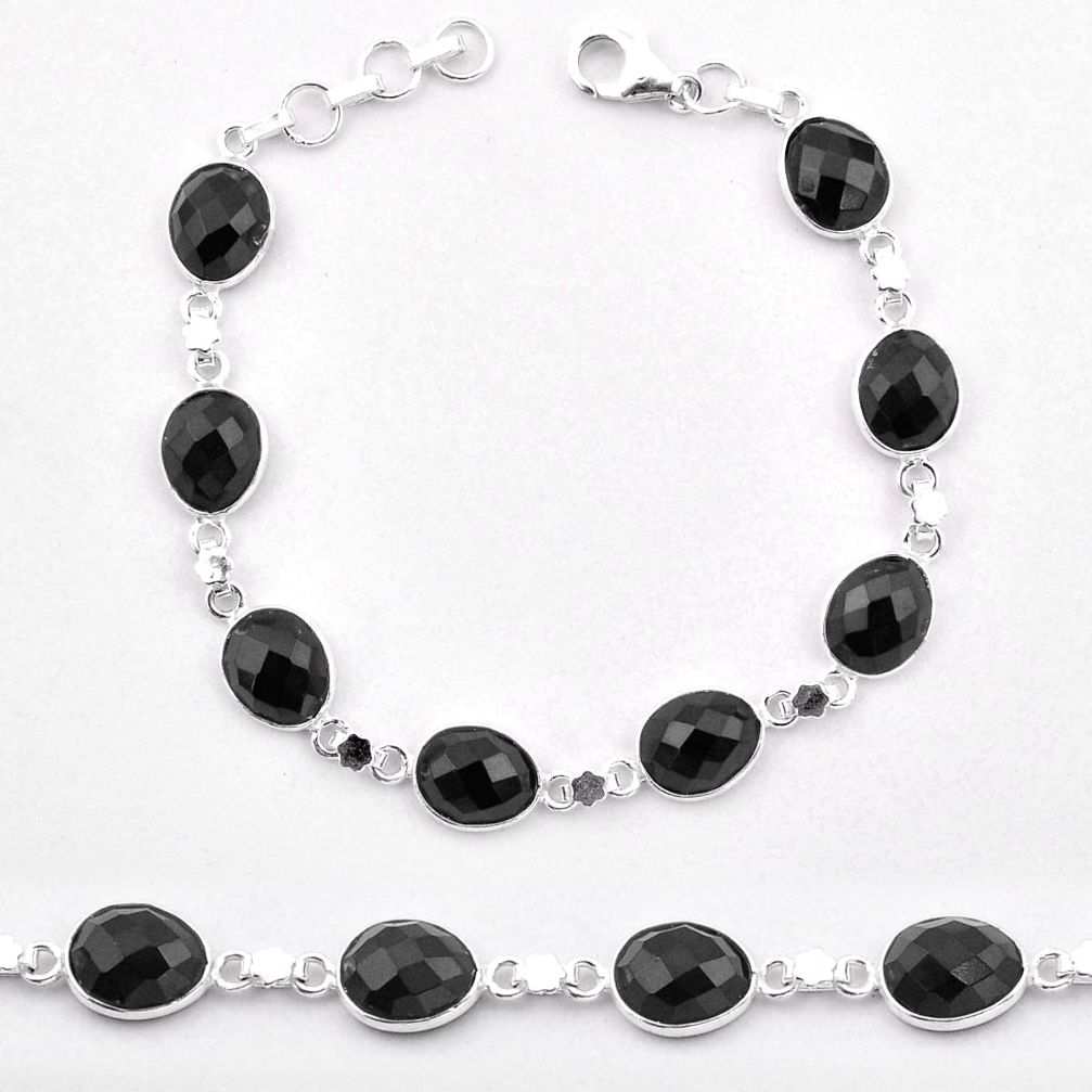 925 sterling silver 22.51cts tennis natural black onyx link gemstone bracelet jewelry t83688