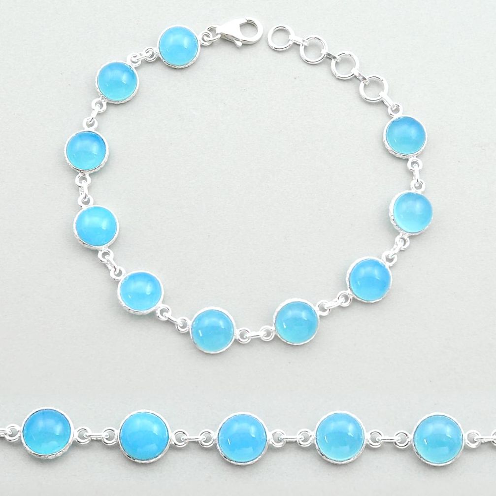 925 sterling silver 28.08cts tennis natural blue chalcedony link gemstone bracelet u51695