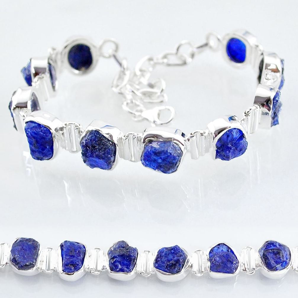 925 sterling silver 36.96cts tennis natural blue sapphire raw bracelet t6671