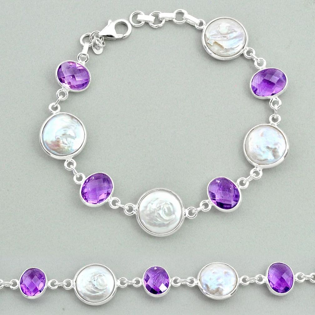 925 sterling silver 28.08cts tennis natural white pearl amethyst bracelet t37303