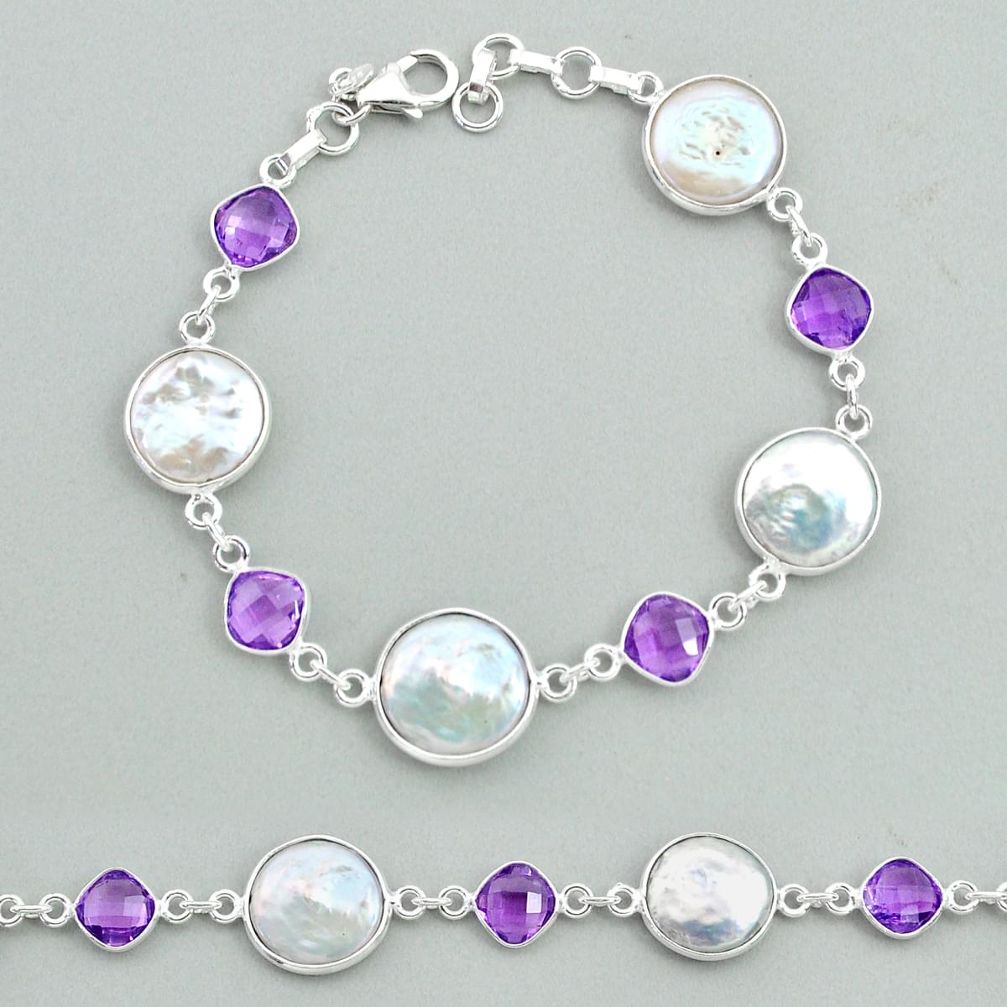 925 sterling silver 25.28cts tennis natural white pearl amethyst bracelet t37308