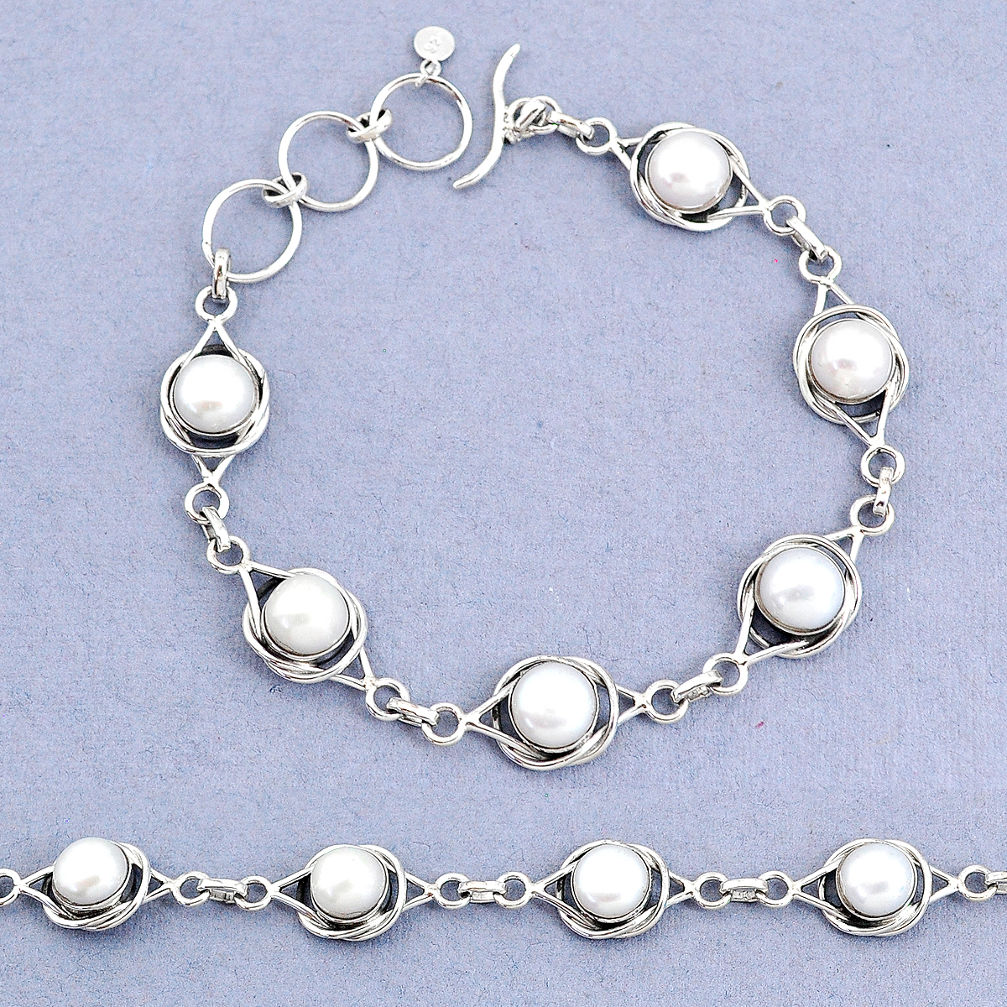 925 sterling silver 17.38cts tennis natural white pearl bracelet jewelry t8453
