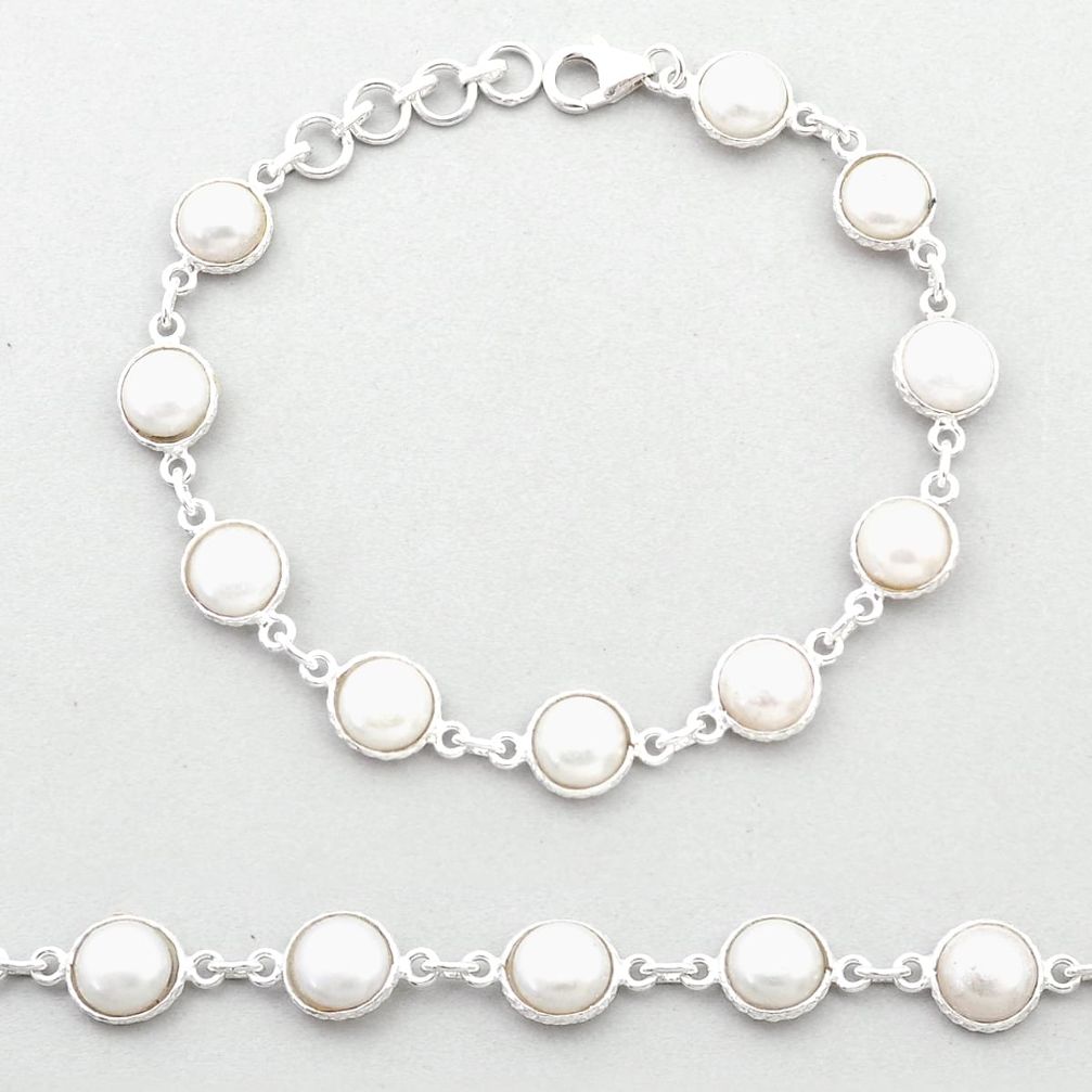 925 sterling silver 25.40cts tennis natural white pearl link gemstone bracelet jewelry u48934