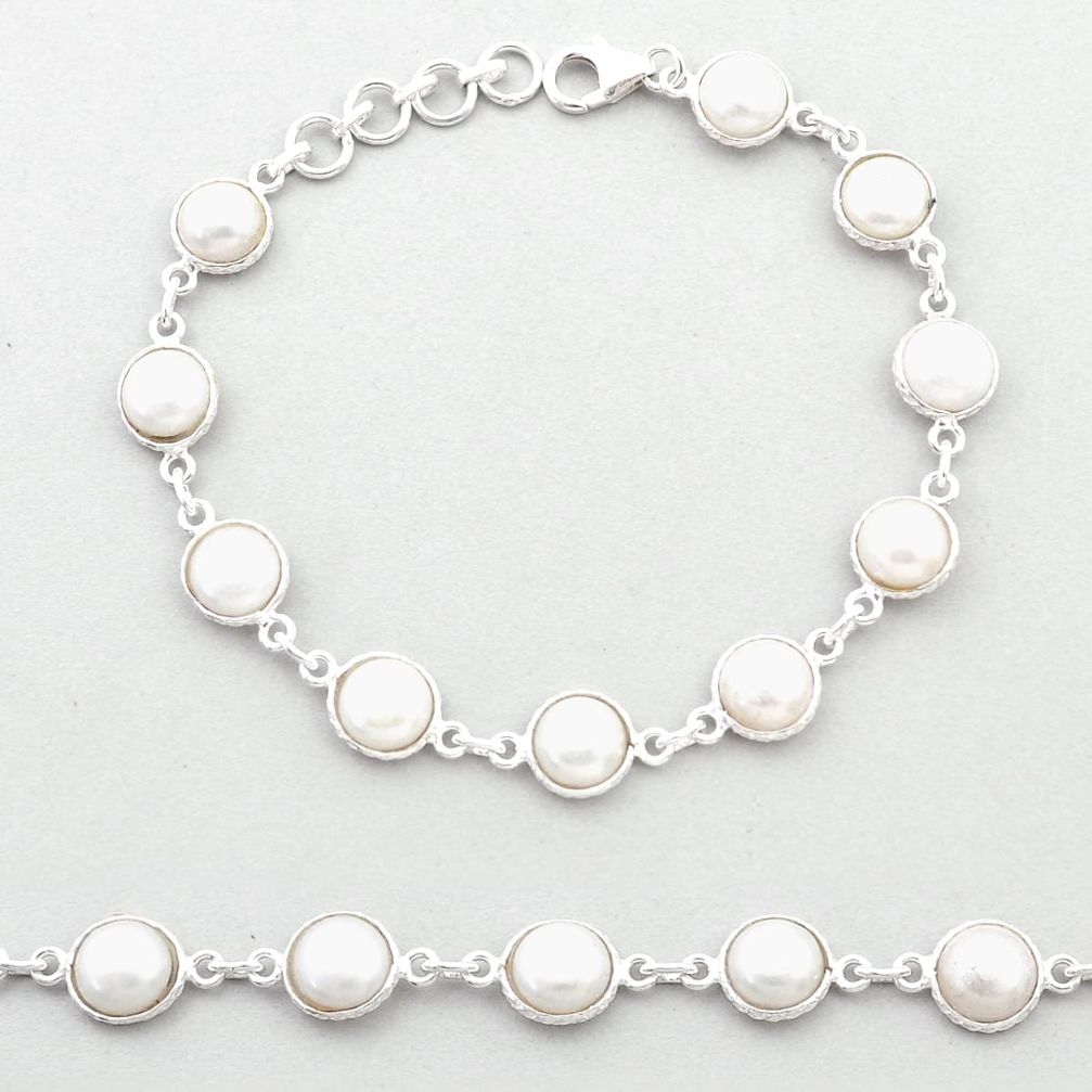 925 sterling silver 25.42cts tennis natural white pearl link gemstone bracelet jewelry u48940