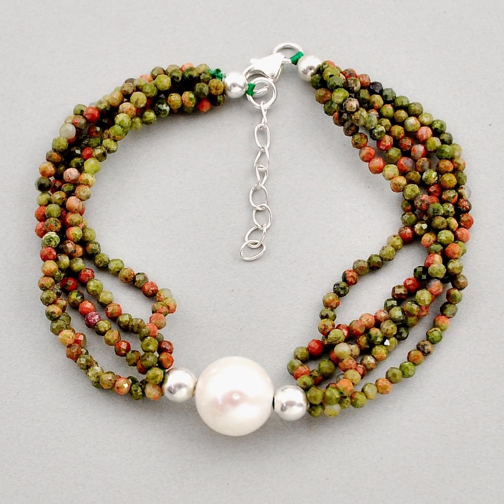 925 sterling silver 29.63cts tennis natural white pearl unakite bracelet y96233