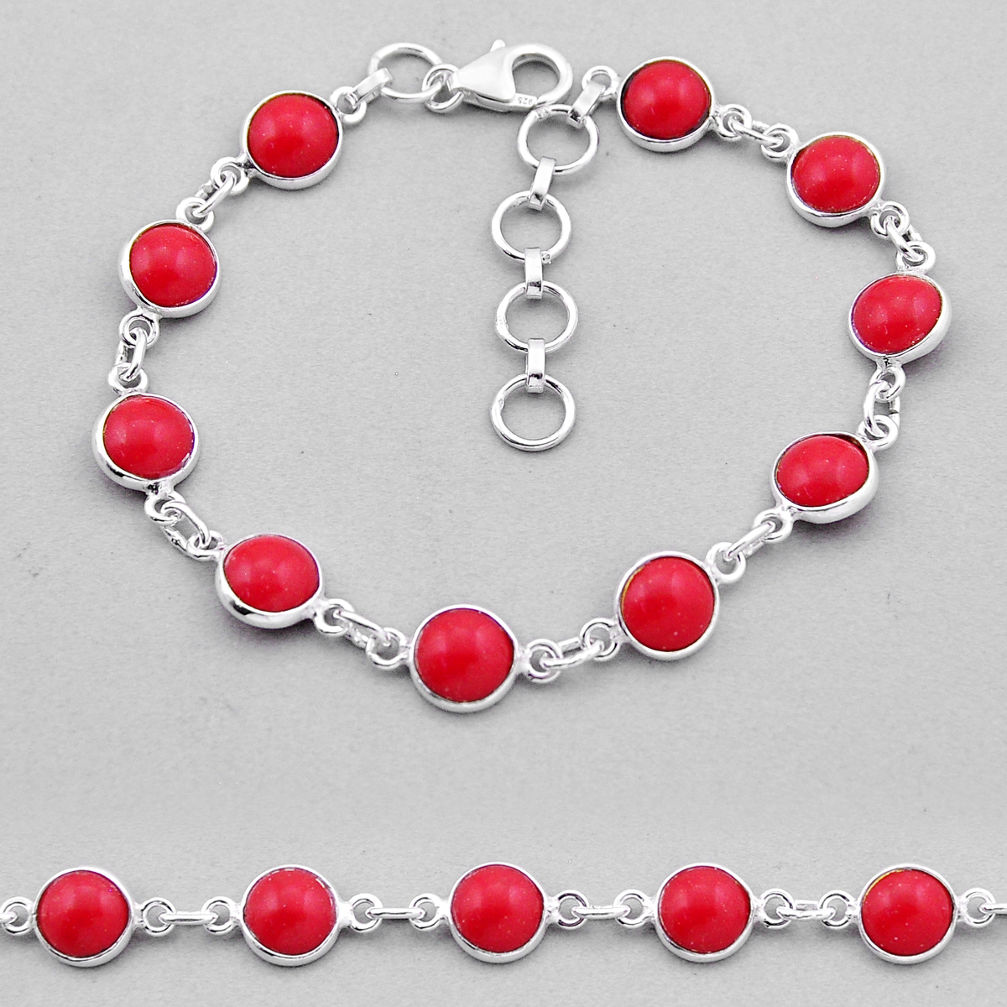 925 sterling silver 16.28cts tennis red coral round bracelet jewelry n43458