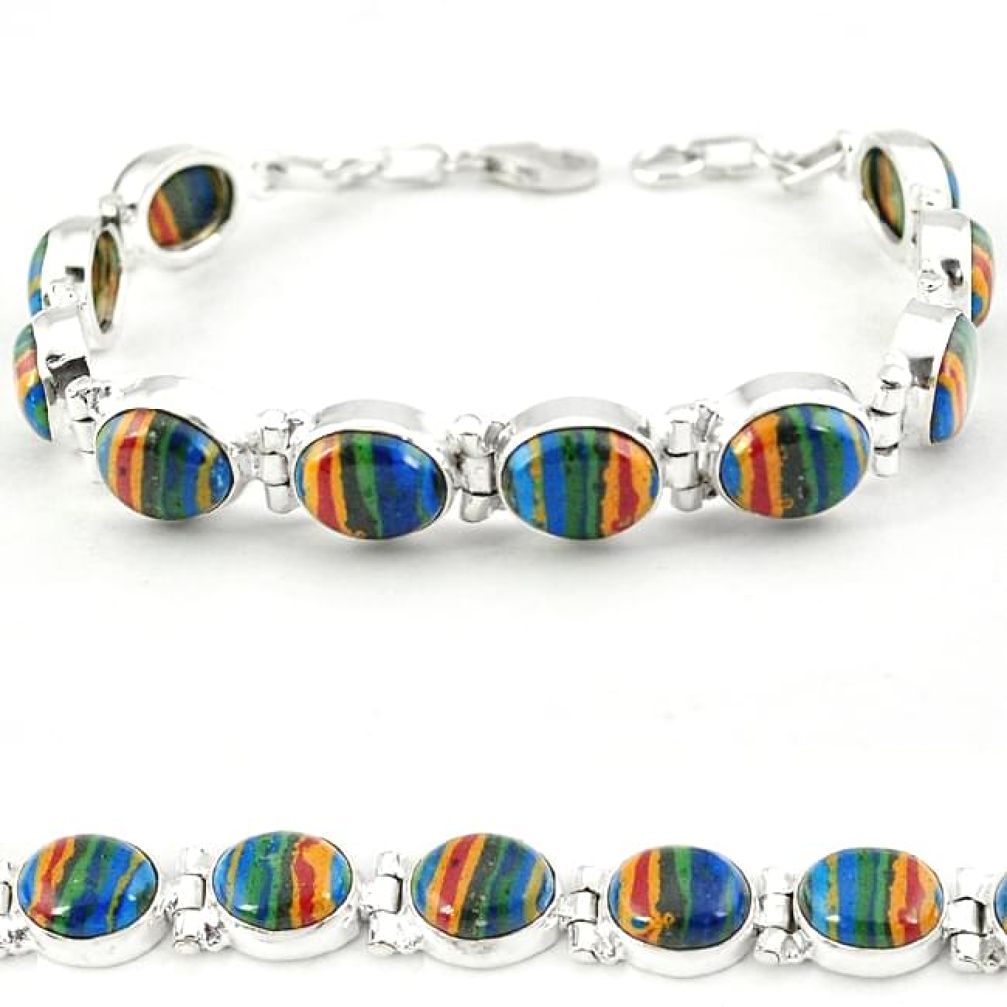 Natural multi color rainbow calsilica 925 sterling silver tennis bracelet j18118