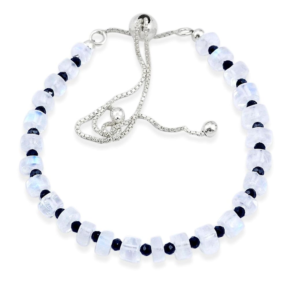 14.48cts adjustable rainbow moonstone onyx quartz silver beads bracelet u30264