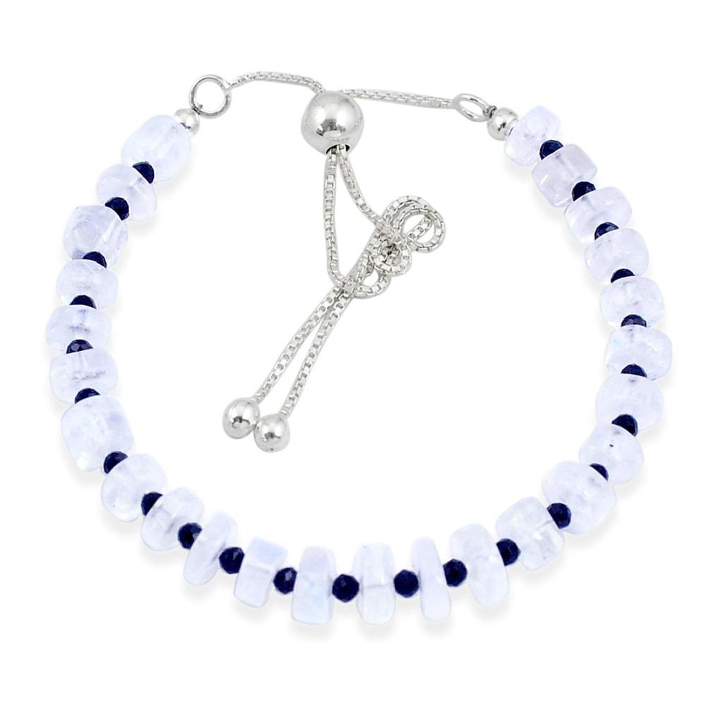 17.13cts adjustable rainbow moonstone onyx quartz silver beads bracelet u30266