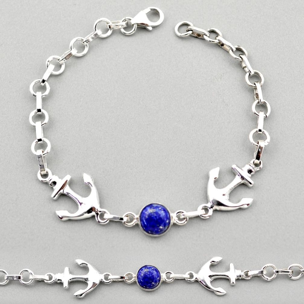 2.81cts anchor charm natural blue lapis lazuli 925 silver round bracelet t89229