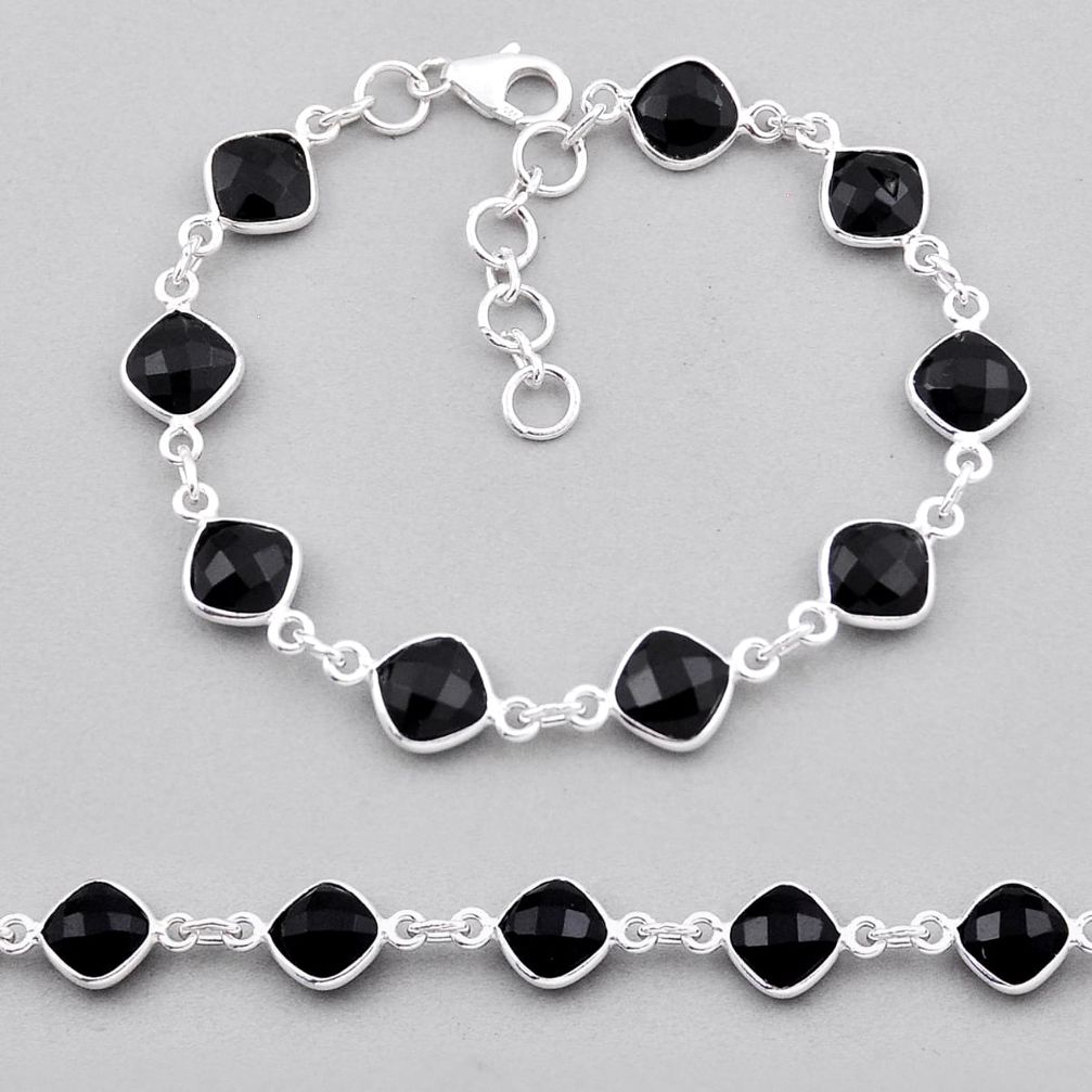18.80cts checker cut natural black onyx cushion silver tennis bracelet n32635