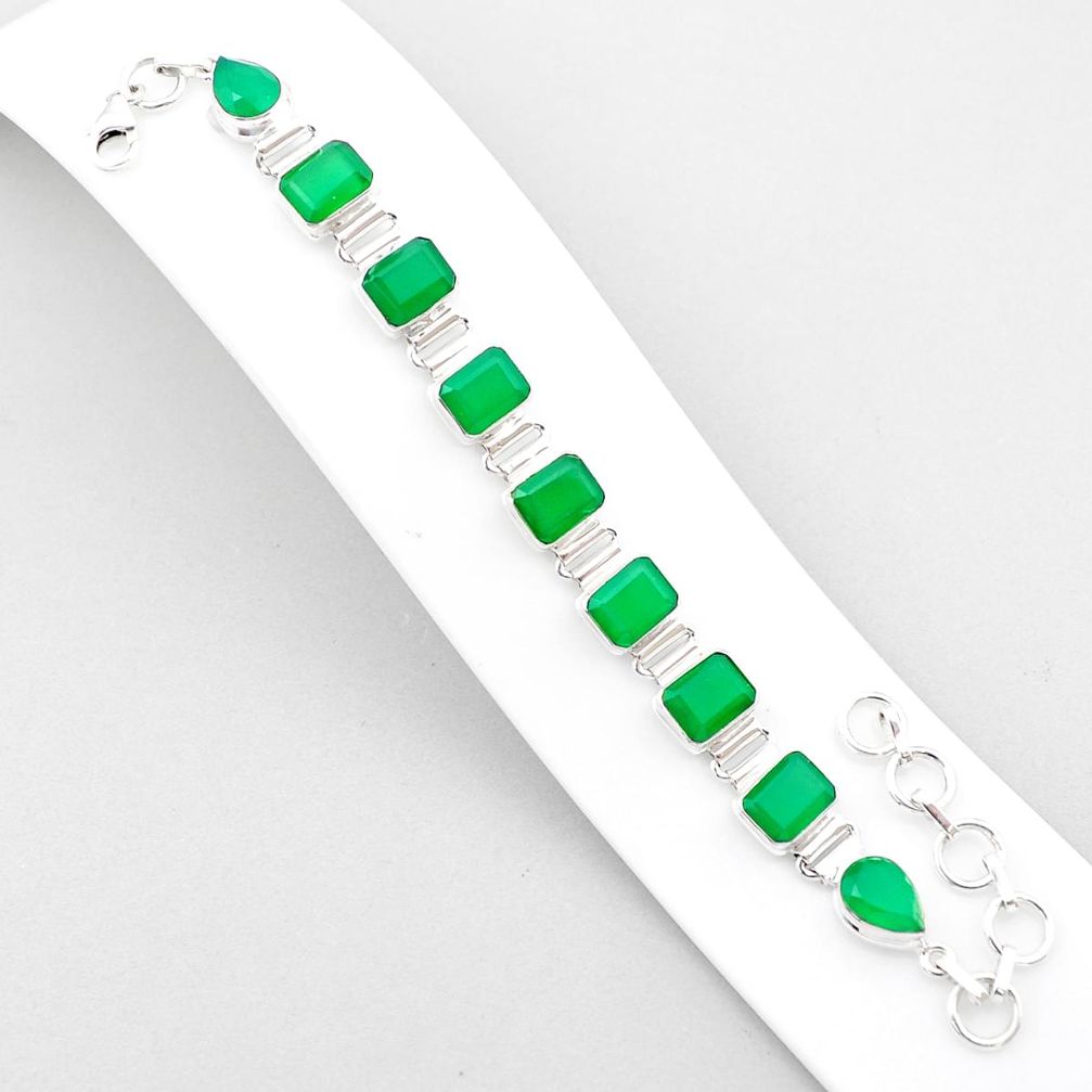 28.62cts faceted natural green chalcedony 925 silver tennis bracelet u38264