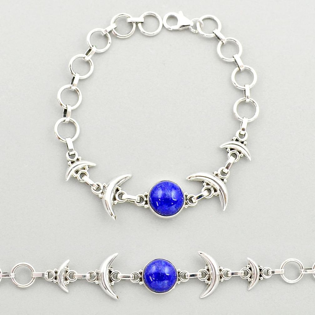 5.55cts half moon natural blue lapis lazuli round 925 silver bracelet u24927