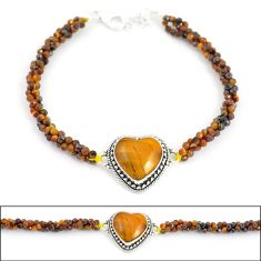 22.57cts heart brown tiger's eye quartz 925 silver beads bracelet jewelry u30078