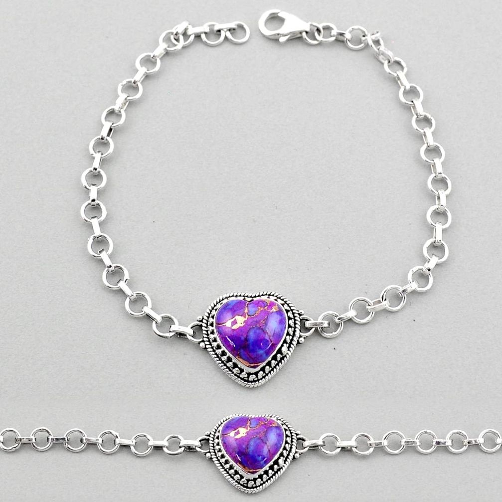 5.81cts heart purple copper turquoise 925 sterling silver bracelet t93315