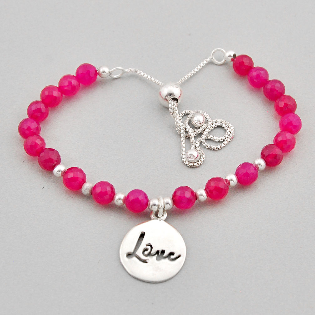 15.44cts love charm red ruby (lab) beads 925 silver adjustable bracelet y94419