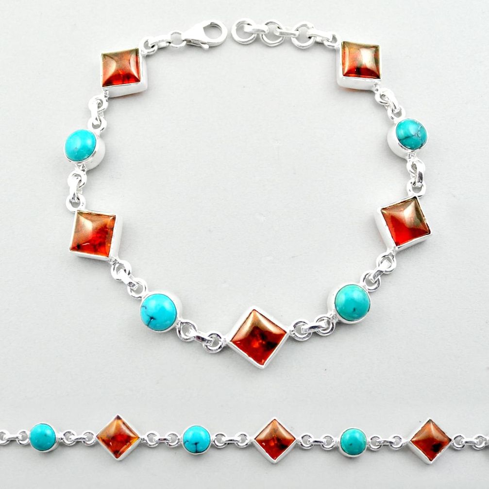 Natural amber turquoise tibetan 925 sterling silver tennis link gemstone bracelet u12963