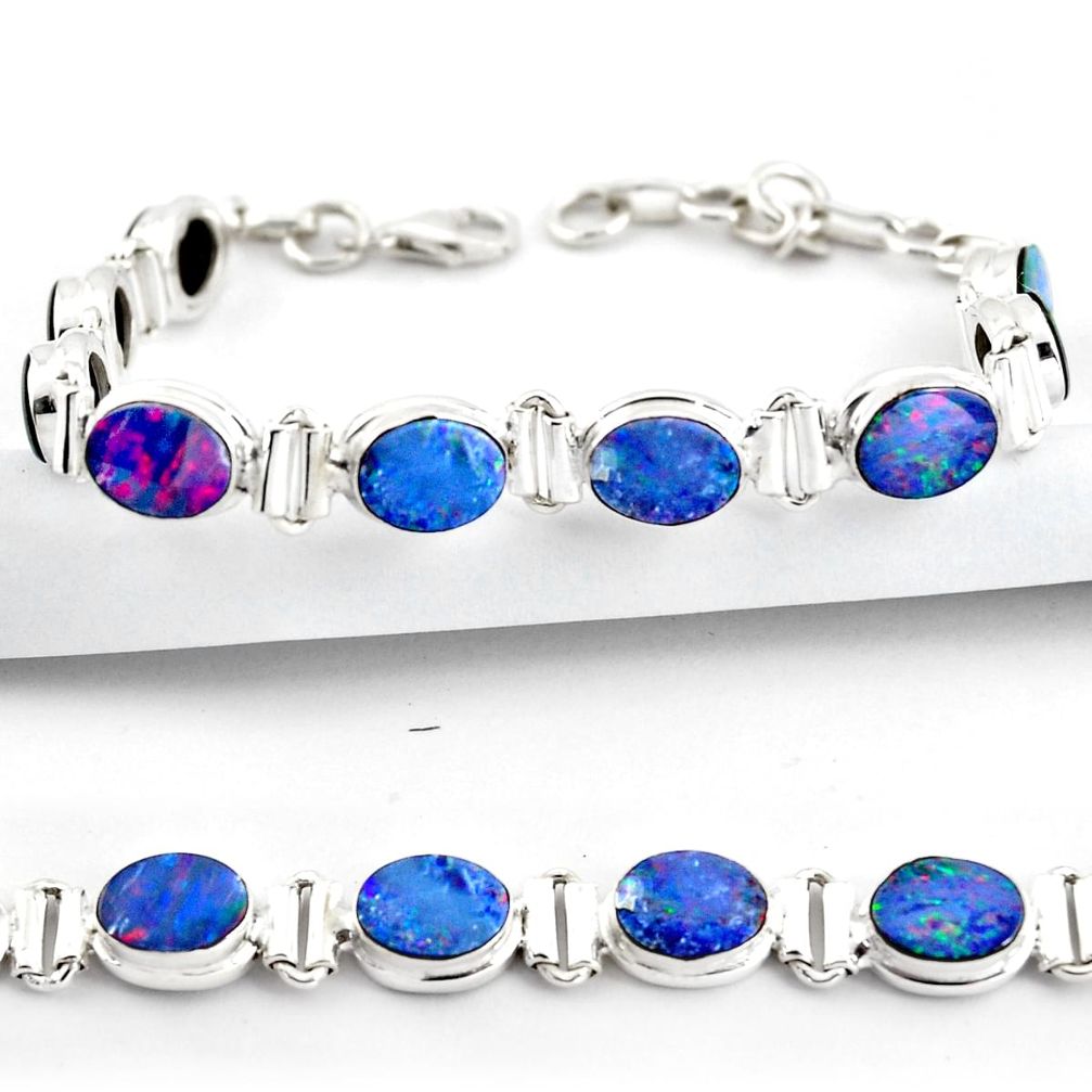 19.17cts natural blue doublet opal australian 925 silver tennis bracelet r38965