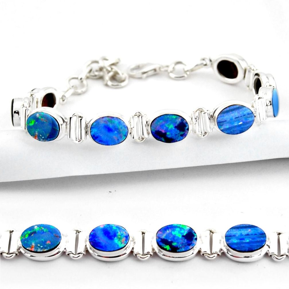 19.96cts natural blue doublet opal australian 925 silver tennis bracelet r38971