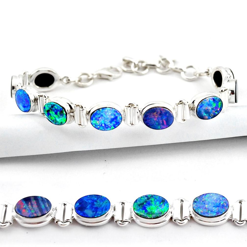 19.96cts natural blue doublet opal australian 925 silver tennis bracelet r38979