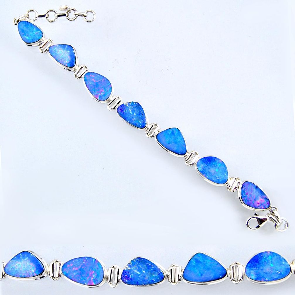 32.87cts natural blue doublet opal australian 925 silver tennis bracelet r56543