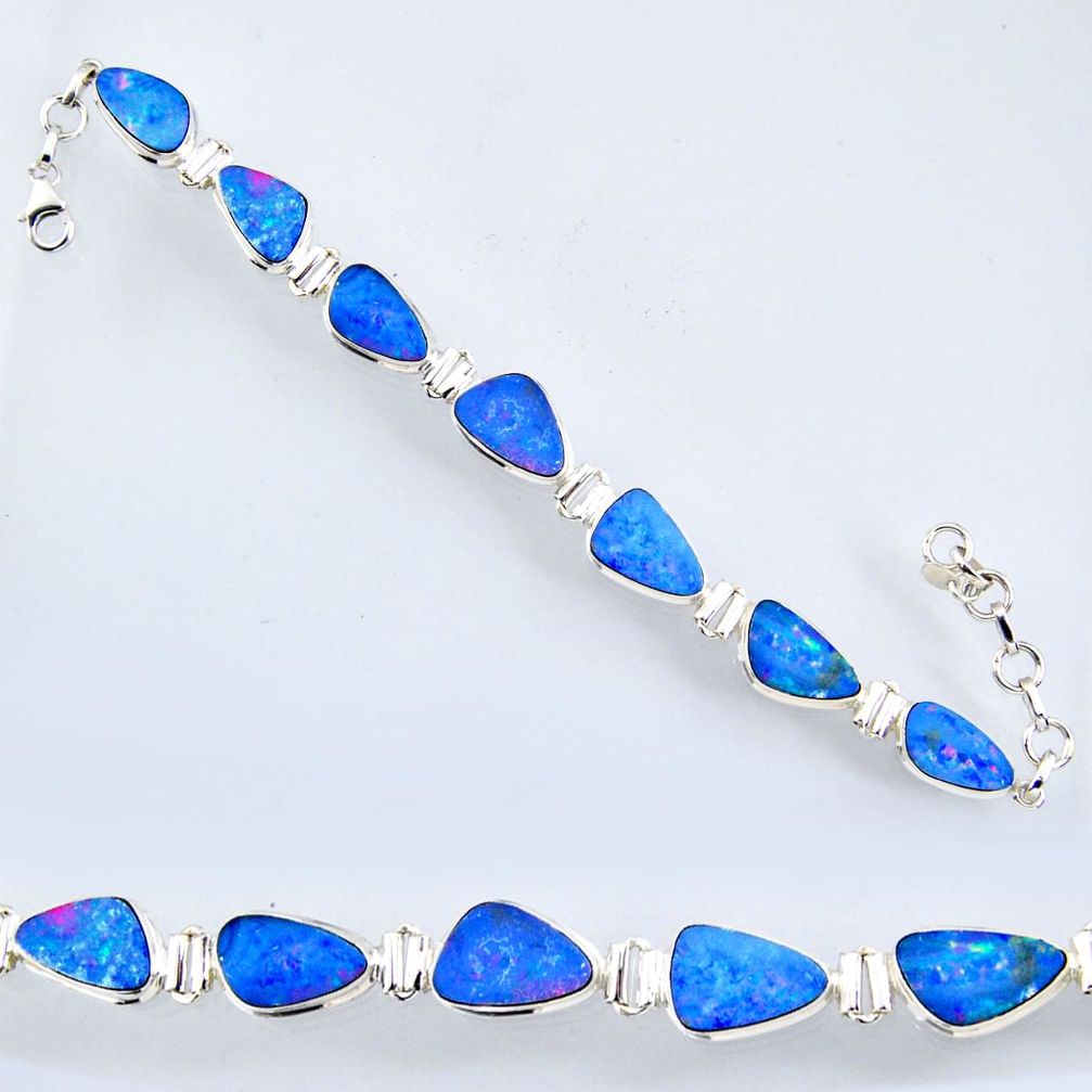 31.84cts natural blue doublet opal australian 925 silver tennis bracelet r56548