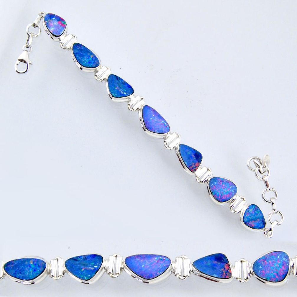 27.05cts natural blue doublet opal australian 925 silver tennis bracelet r56549