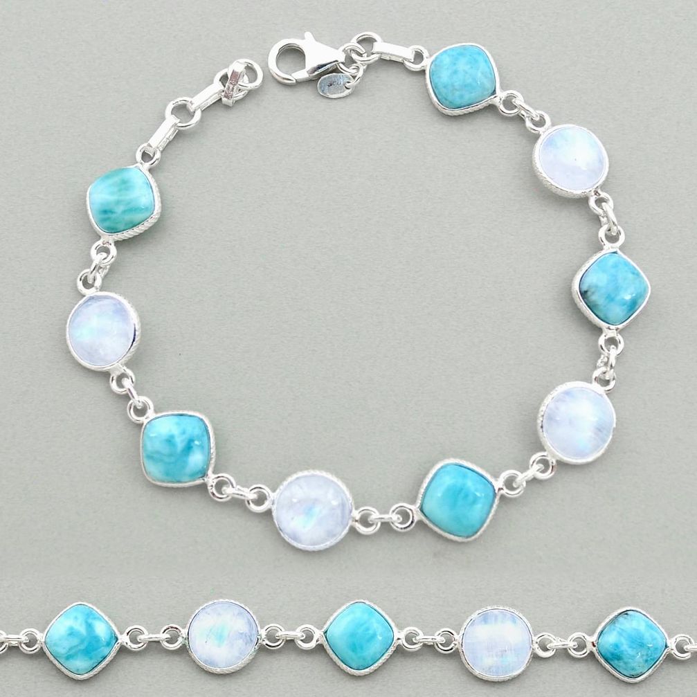 31.53cts natural blue larimar moonstone 925 silver tennis bracelet t19453