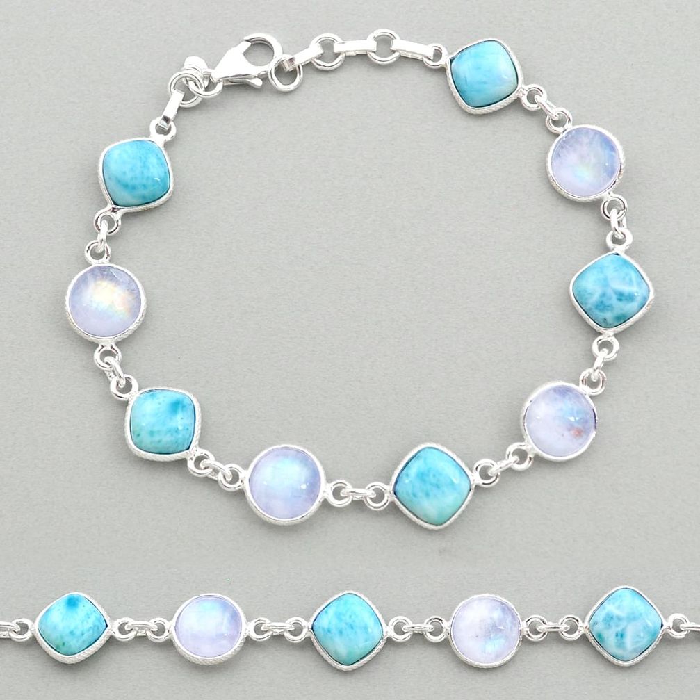 28.08cts natural blue larimar moonstone 925 silver tennis bracelet t19454