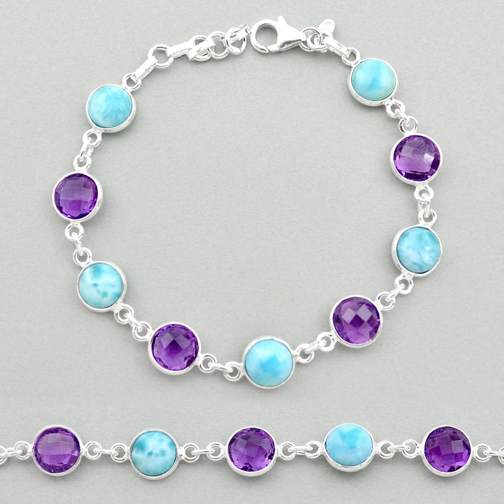 24.33cts natural blue larimar purple amethyst 925 silver tennis bracelet t19441