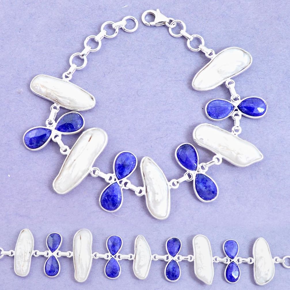  blue sapphire biwa pearl 925 silver tennis bracelet p11971