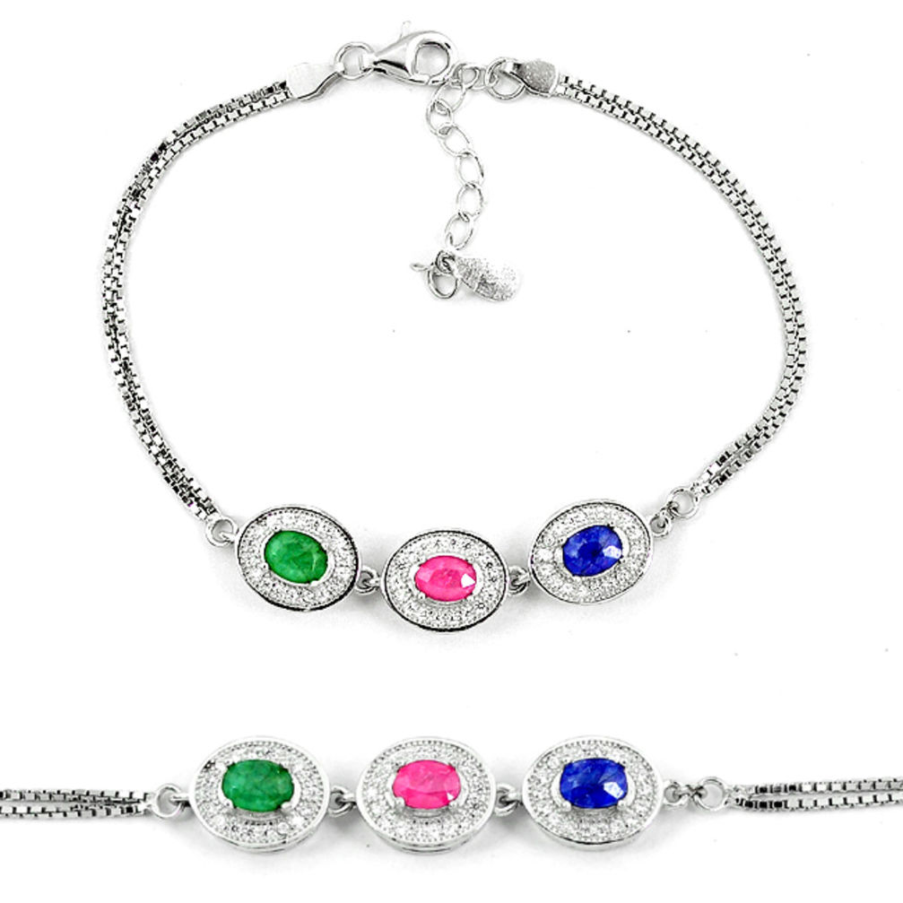 LAB Natural blue sapphire emerald ruby 925 sterling silver tennis bracelet c19644