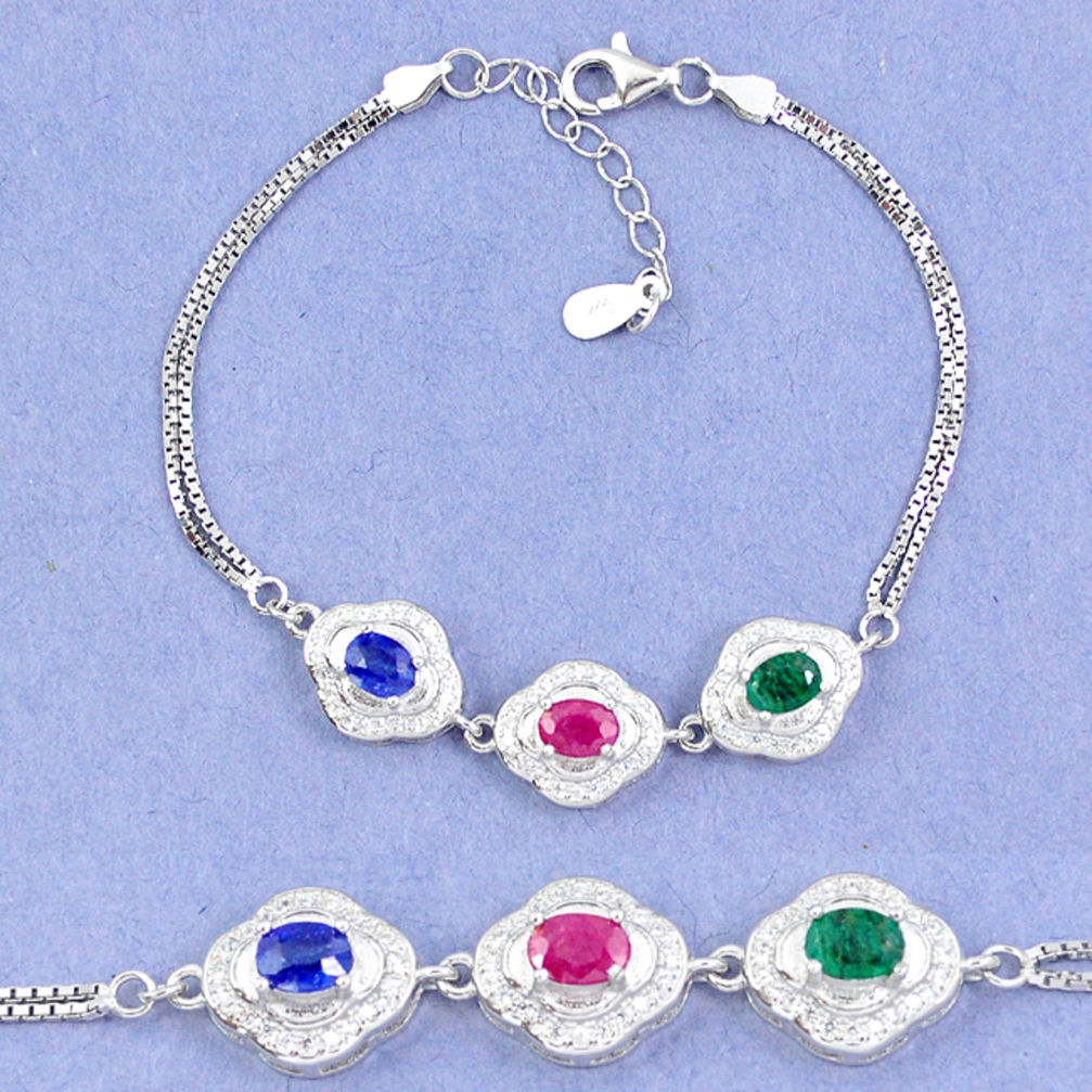 LAB Natural blue sapphire emerald ruby 925 sterling silver tennis bracelet c19659