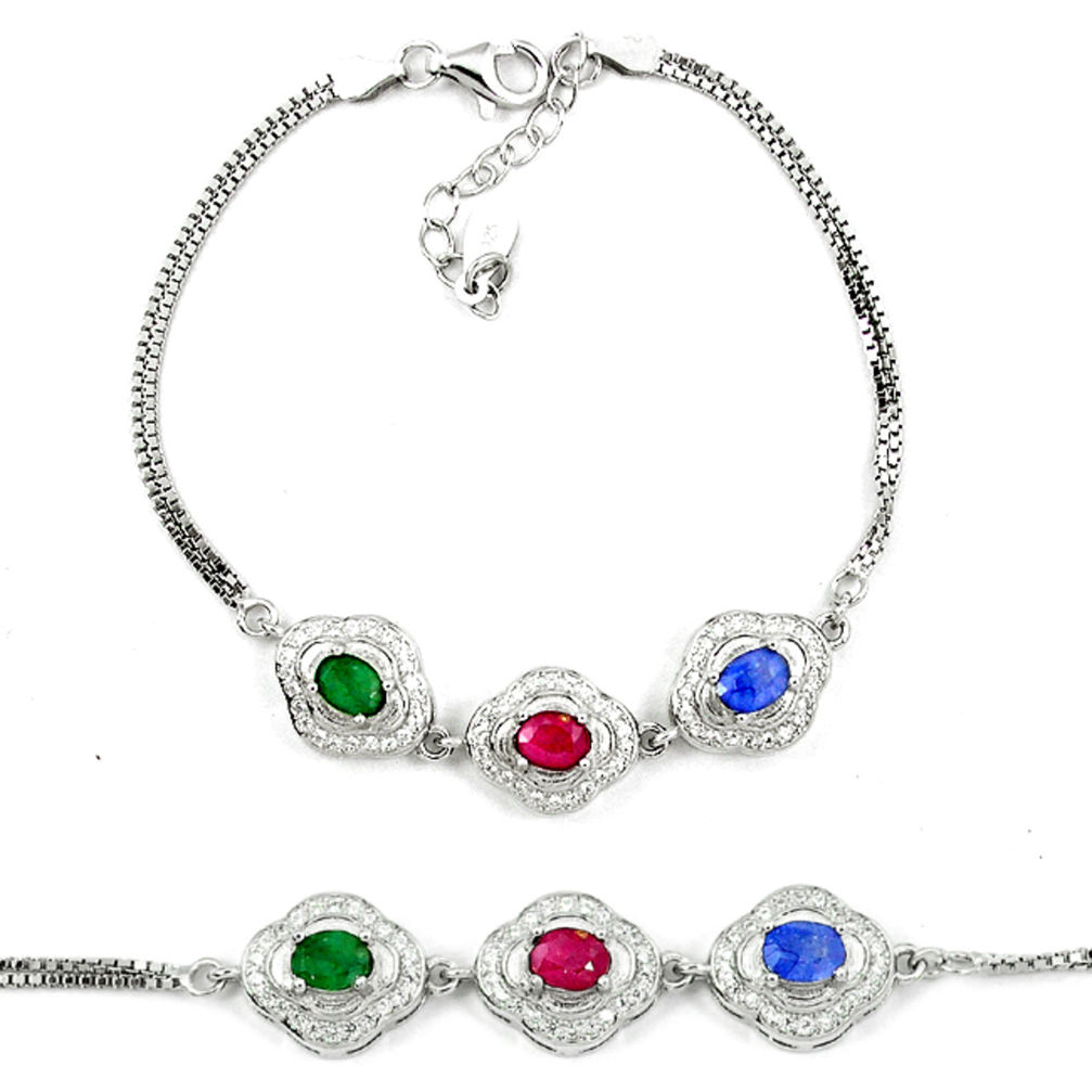 LAB Natural blue sapphire emerald ruby 925 sterling silver tennis bracelet c19723