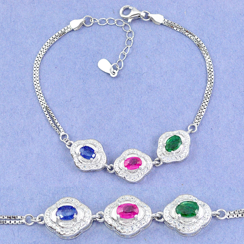 LAB Natural blue sapphire emerald ruby 925 sterling silver tennis bracelet c19761