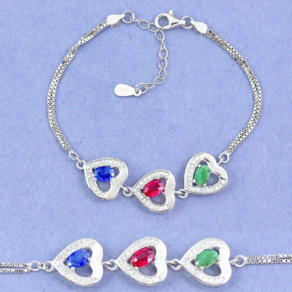 LAB Natural blue sapphire emerald ruby 925 sterling silver tennis bracelet c19769