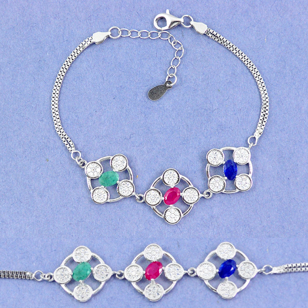 LAB Natural blue sapphire emerald ruby 925 sterling silver tennis bracelet c19778