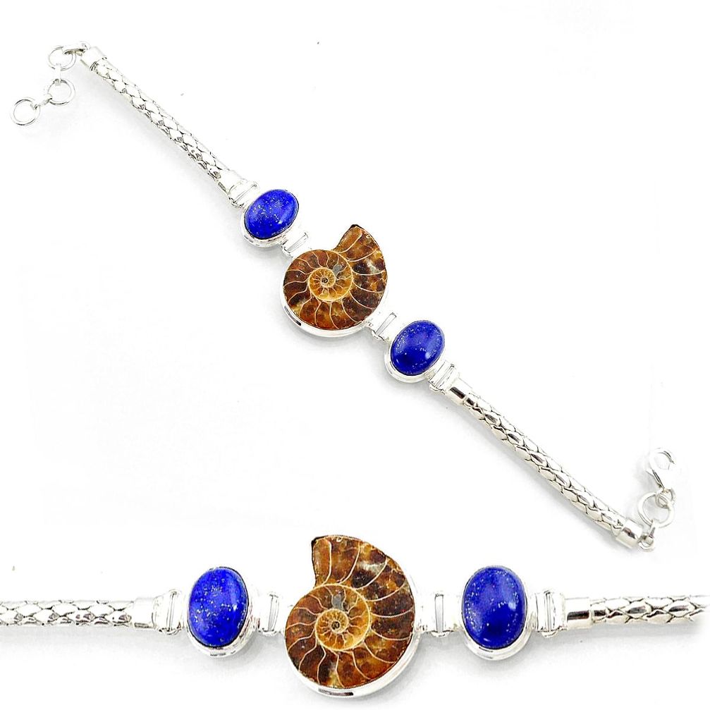 54.31cts natural brown ammonite fossil lapis lazuli 925 silver bracelet r72994