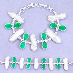 Clearance Sale- 52.89cts natural green chalcedony biwa pearl 925 silver tennis bracelet p11961