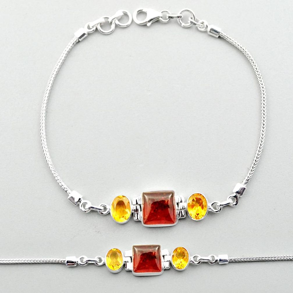 Natural orange amber square citrine 925 sterling silver tennis link gemstone bracelet u12966