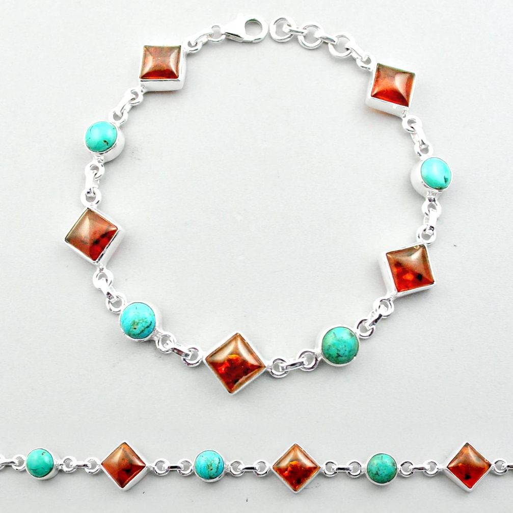 Natural orange amber turquoise tibetan sterling silver tennis link gemstone bracelet u12962